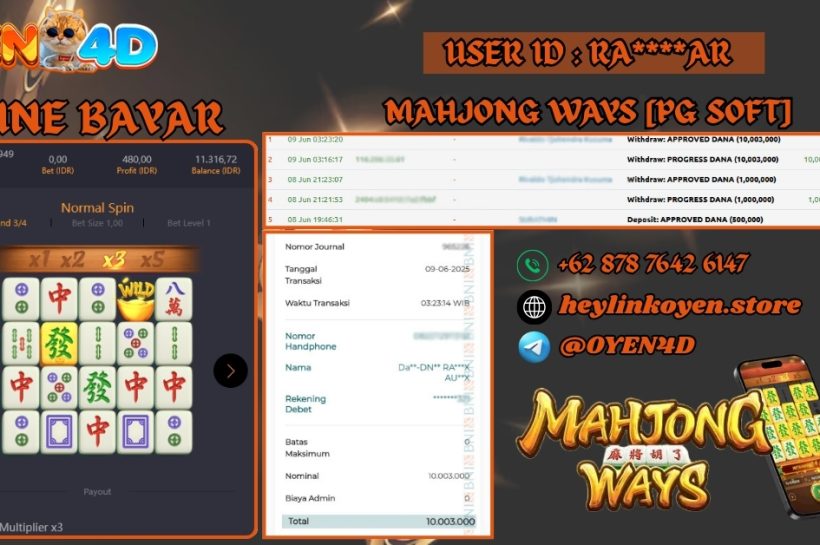 Selamat Kepada RA****AR Atas Kemenangan Di Mahjong Ways PG Soft IDR 10.003.000 OYEN4D-BUKTI-JP-PEMAIN-MAHJONG-WAYS-PG-SOFT